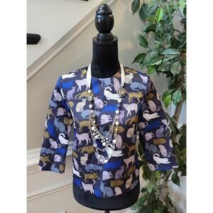 H&M Crop Blouse 8 Navy Cotton Cat Textured Woven Crew Neck 3/4 Sleeve Back Zip